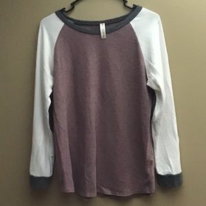 Sweater ~ Mauve with cream sleeve. Grey detail on elbows